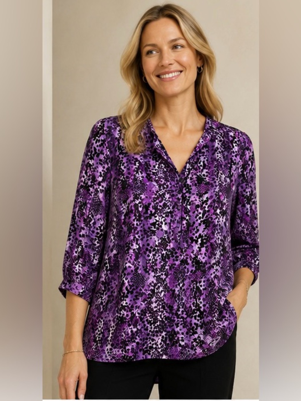 Dana Buchman Purple Printed Split-Neck Tunic